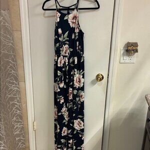 French Grey Navy Floral Maxi Dress with Pink Blossoms Sz M